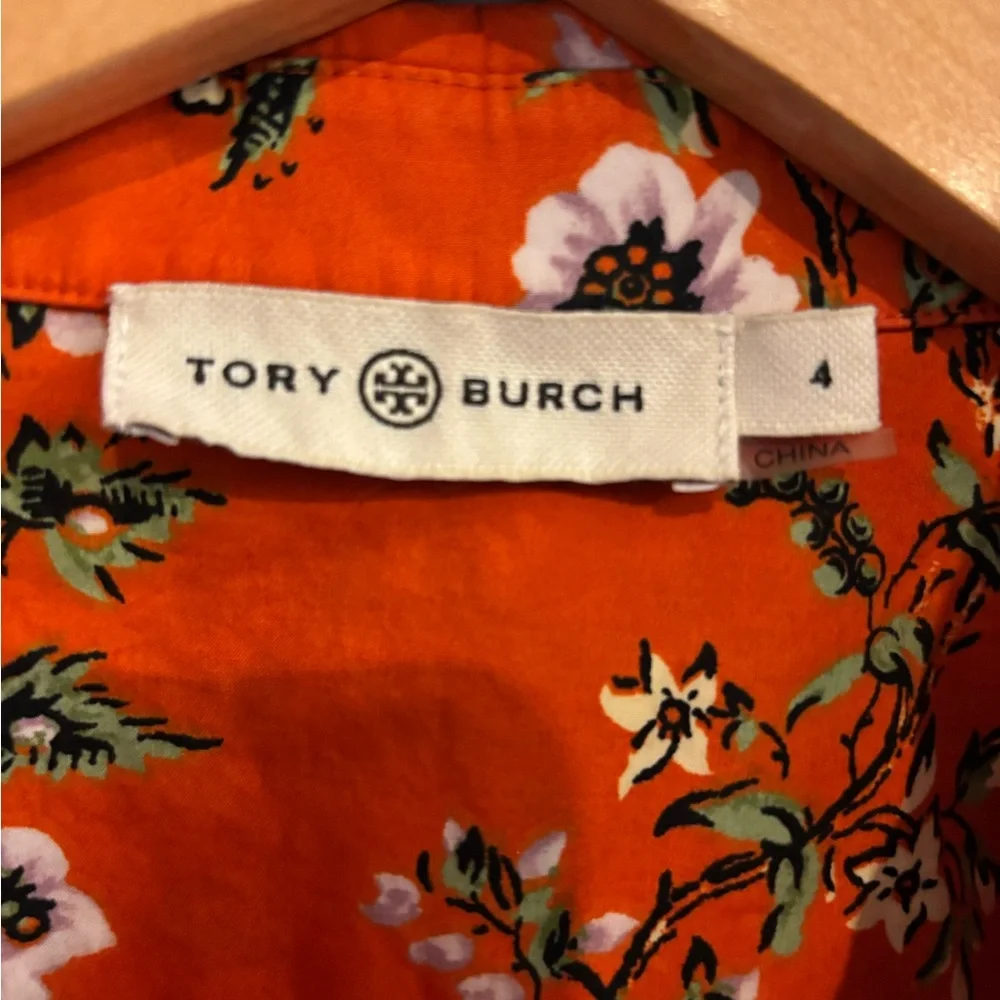 Tory Burch Orange Floral Cotton Button Down Shirt Size 4